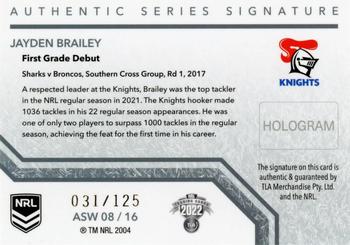 2022 NRL Traders - Authentic Signatures White #ASW08 Jayden Brailey Back